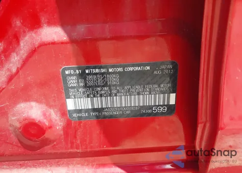 2013 Mitsubishi Lancer Es from USA, damaged, VIN JA32U2FU1DU009287